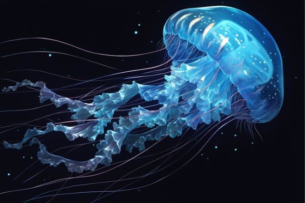 Ubur ubur biru dengan tentakel panjang di bawah laut