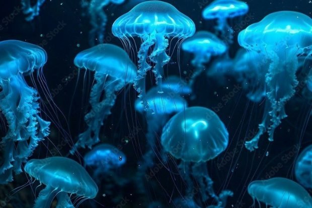 Pesona ubur ubur biru yang bercahaya di dalam air

