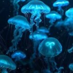 Ubur ubur biru berenang di laut dengan warna transparan menawan
